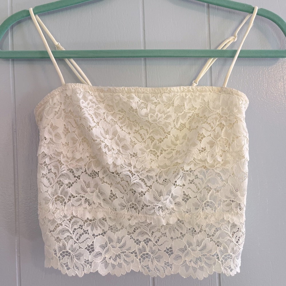 Out from Under White Lace Cami/brami/tank; medium, cropped; lace; festival top